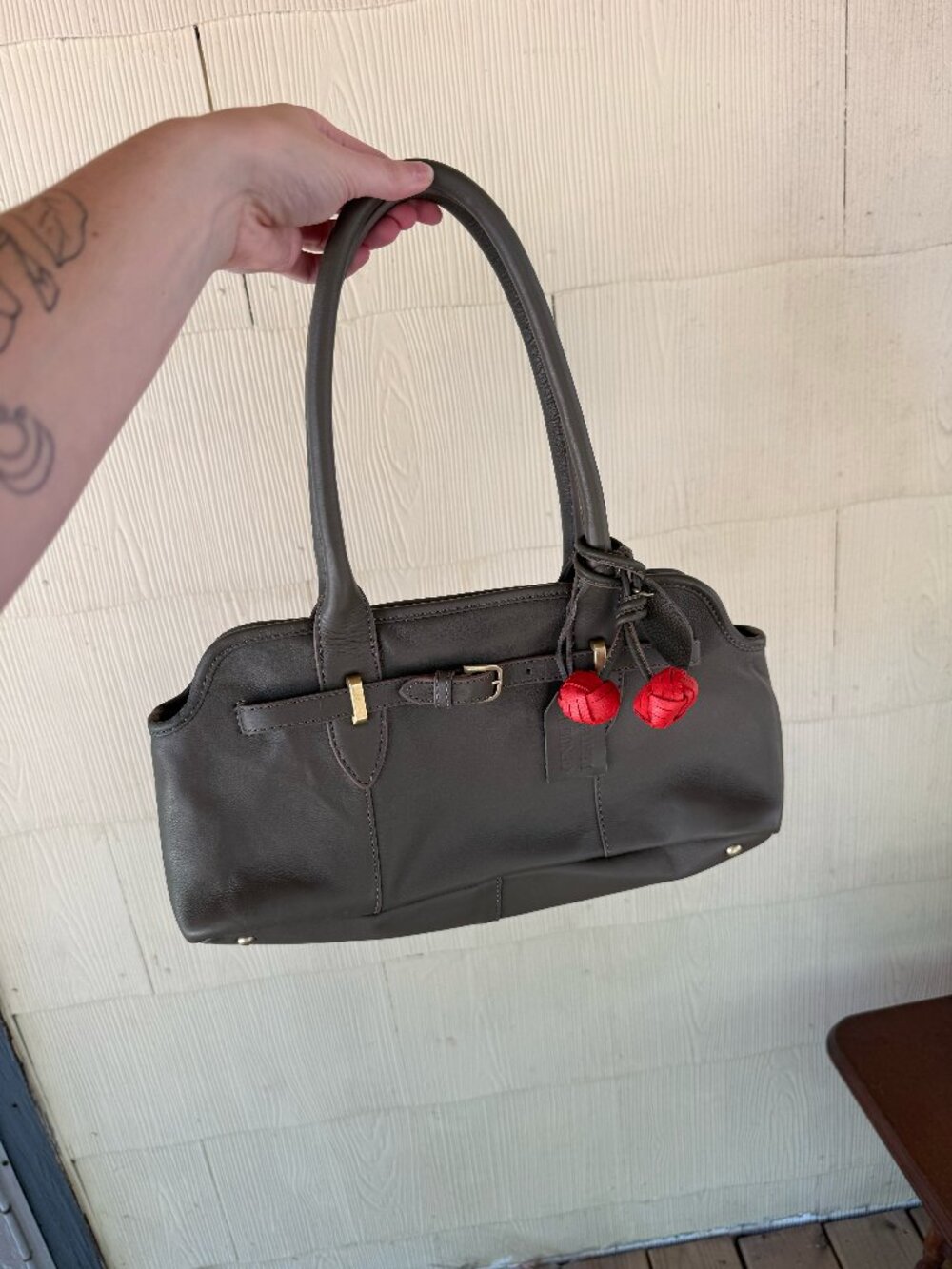 Olive Colored Genuine Leather Bag with Cherry Charm